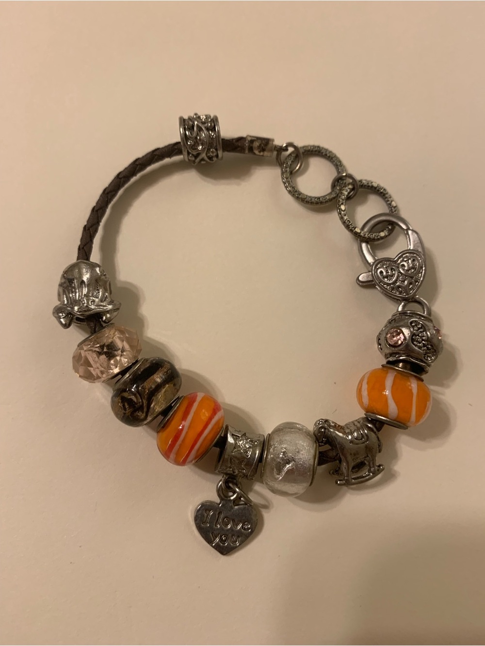 Silver Charm Bracelet with Orange Glass Beads